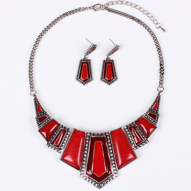 YAZILIND Vintage Ethnic Tibetan Silver Irregular Rhinestone Bib Collar Earrings Necklace Jewelry Set (Red) - Image 3